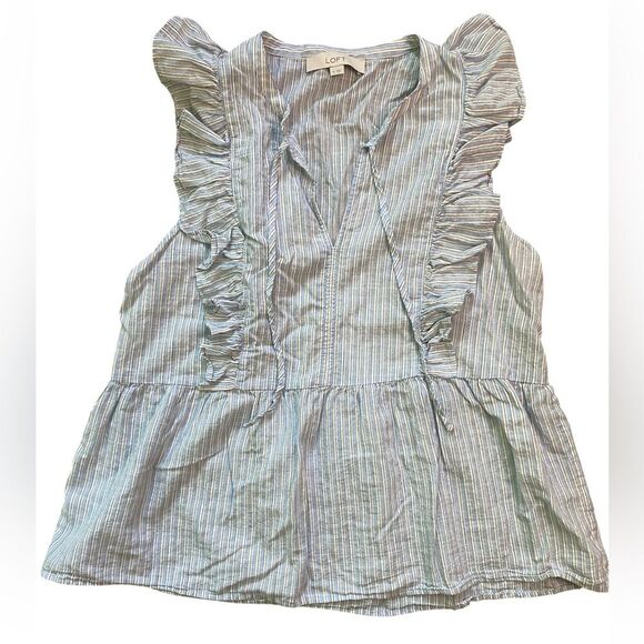 LOFT Blue and White Striped Cotton Ruffle Shoulder Tie Neck Peplum Blouse - Picture 4 of 10